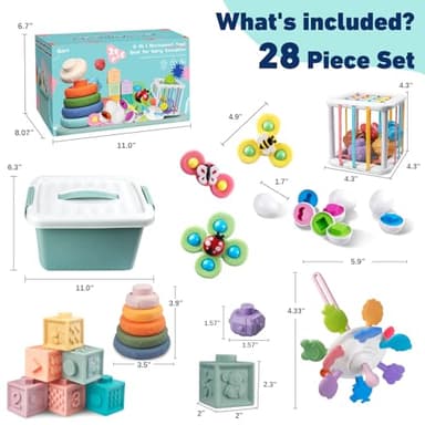 6 in 1 Baby Toys 6 to 12 Months, Montessori Toy for Toddlers 1-3, Infant Teething Babies Toy Stacking Blocks Rings Pull String Toy Sorter Sensory Bin - Image 3