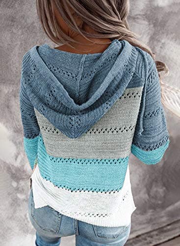 BLENCOT Women's Casual Color Block Hoodies Sweater Long Sleeve Drawstring Pullover Sweatshirts Fashion Knitted Tops Blue XL - Image 2