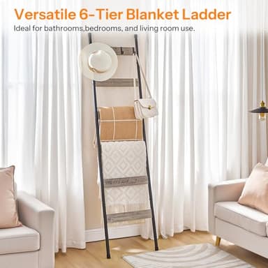 HOOBRO Blanket Ladder, 6-Tier Towel Rack with Hooks, Wall-Leaning Blanket Rack, Decorative Display Ladder Shelf, Scarves, Industrial, Living Room, Bedroom, Black and Greige BG66CJ01 - Image 4