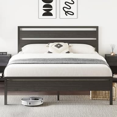 BedsPick 16 Inch Queen Bed Frame Sturdy Metal Bed Frame Queen Size with Wooden Headboard and Footboard, Noiseless/12.5" Under Bed Space/Durable Support//No Box Spring Needed/Anti-Slip, Black Oak - Image 1