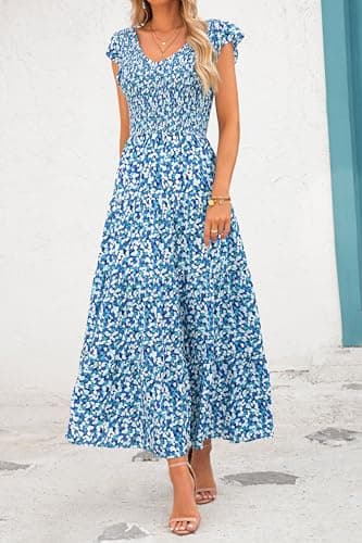PRETTYGARDEN Women's Summer Flowy Maxi Dress Casual Cap Sleeve V Neck Smocked Beach Sundress (Print Blue,X-Large) - Image 8