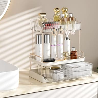 Delamu 2-Tier Bathroom Countertop Organizer with Drawer, Large Capacity Makeup Skincare Organizer Multi-Compartment Vanity Storage for Cosmetics Toiletries, Easy to Assemble, Stylish Design, Colorless - Image 1