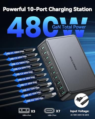 480W USB C Charger Block, Rocoren 10-Ports USB C Charging Station for Multiple Devices,PD 100W Type c Gan Fast Charger Station Multi USBC Charging Hub for Laptop MacBook HP iPad iPhone Samsung - Image 2