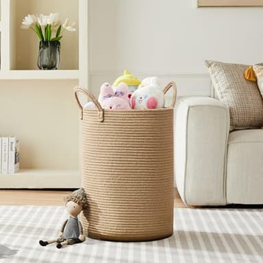 MOJOSCEND 80L Extra Large Jute Woven Hamper Laundry Basket Wicker Rope Clothes Hamper for Baby Nursery Kids Tall Rattan Blanket Basket in Living Room Bedroom - Image 4
