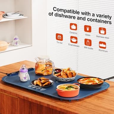 Warming Mat for Food, Voriah Electric Warming Tray with 99H Timer & 8 Temperature Settings, Foldable Food Warmer with °C/°F Switch, Keeps Food Warm at Buffets, Sabbath, Family Gatherings(Dark Blue) - Image 5