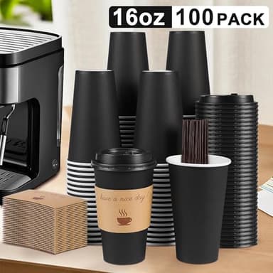 Clawsoff 100 Pack 16 oz Coffee Cups with Lids, Disposable To Go Paper Coffee Cups with Sleeves and Stirring Sticks for Hot/Cold Drinks Office Home Shop Event (Black) - Image 4