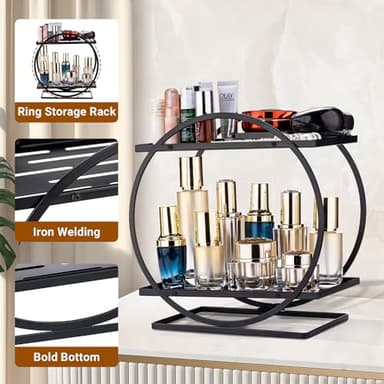Tonswachic Perfume Organizer for Dresser, 2 Tier Skincare Organizers Makeup Storage, Metal Bathroom Counter Organizer for Make Up Vanity Shelf Perfume Holder Display Tray - Black - Image 3