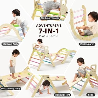BlueWood Pikler Triangle Set, Toddler Wooden Climbing Toys Indoor 7in1 Foldable Climber for Kids, Montessori Philosophy Play Jungle Gym with Arch, Ramp, Ladder (Colorful Spring) - Image 3