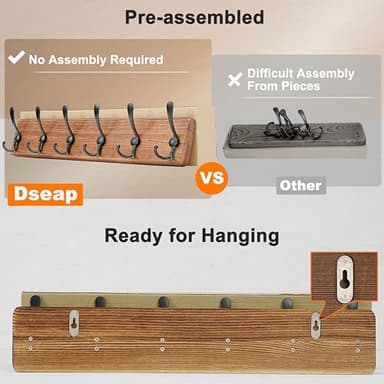 Dseap Coat Rack Wall Mounted - 24" Long 6 Tri Hooks, Heavy Duty Wooden Wall Coat Hanger Coat Hook for Clothes Hat Jacket Clothing, Natural and Black - Image 4