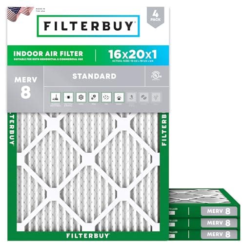 Filterbuy 16x20x1 Air Filter MERV 8 (MPR 700) Dust Defense Replacement (4-Pack), Electrostatic Pleated HVAC AC Furnace Filters, Made in USA (Actual Size: 15.50 x 19.50 x 0.75) - Image 1
