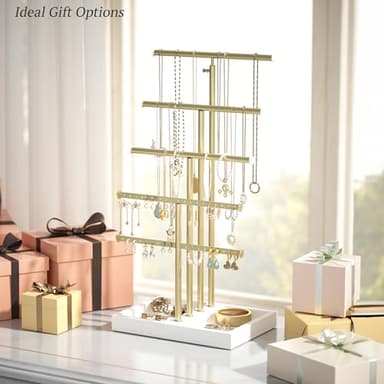 Love-KANKEI Jewelry Organizer Stand,5 Tier Large Necklace Holder with Wood Base,Jewelry holder stand Tree for Display,Bracelets Earrings Rings,Height Adjustable Gift White and Gold - Image 4
