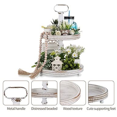 Hanobe Two Tiered Tray Stand: Farmhouse 2 Tier Easter Decorative Trays White Round Serving Wood for Home Decor Living Room Coffee Table Centerpieces Kitchen Gift - Image 9