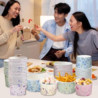 Nihuecne 100 Pcs 9 oz Floral Themed Disposable Dessert Paper Bowls in 5 Designs, Disposable Soup Bowls for Events, Game Day, Birthday Party Supplies, Perfect for Hot or Cold Food - Image 9