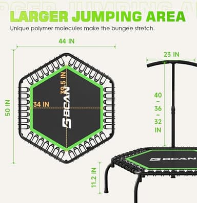 BCAN 48" Mini Trampoline, 550 LBS Fitness Trampoline with T-Adjustable Handle Bar, Bungees, Stable & Quiet Exercise Rebounder for Adults Indoor/Garden Workout-Green - Image 9