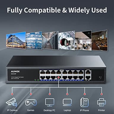Aumox 18-Port Ethernet Gigabit PoE Switch, 16-Port PoE with 2 Uplink Gigabit Ports, 250W Built-in Power, Metal Casing and 19-inch Rackmount, Traffic Optimization, Plug and Play, Unmanaged(SG518P) - Image 7