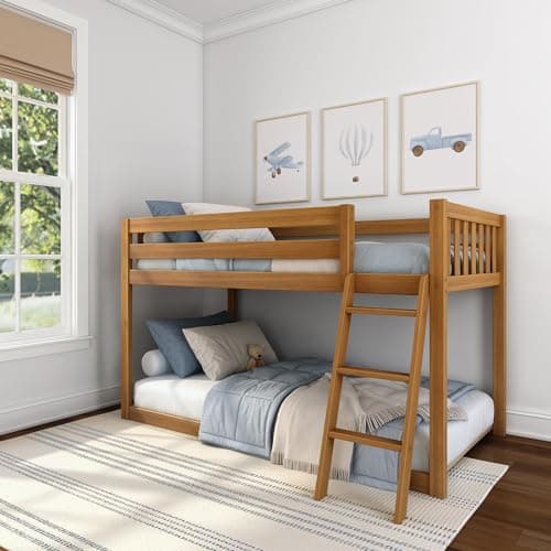 Max & Lily Fundamental Twin Low Bunk Bed, Kids Solid Wood Modern Bed Frame with Strong Wooden Slats, Non-Toxic Finishes, High Weight Capacity, Pecan - Image 1