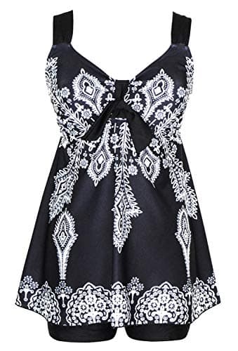 DANIFY Plus Size Swimsuit for Women Tankini Swimdress Tummy Control Swimwear Two Piece Bathing Suit with Shorts Black Floral - Image 1