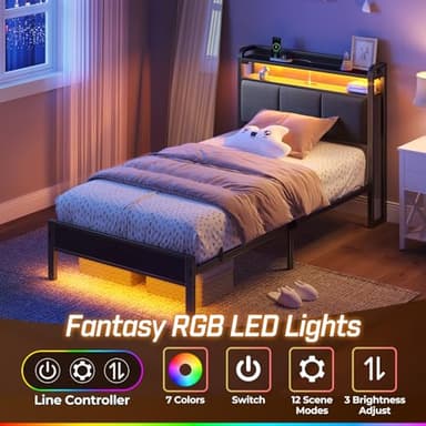 Rolanstar Bed Frame Twin Size with Charging Station and LED Lights, Upholstered Headboard with Storage Shelves, Heavy Duty Metal Slats, No Box Spring Need, Noise Free, Easy Assembly, Dark Grey - Image 3