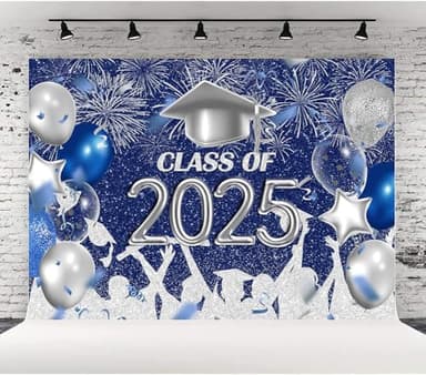Lofaris Class of 2025 Party Photography Backdrop Royal Blue and Silver Congrats Grad Graduation Caps Background Celebration Graduation Prom Party Decor Banner Photo Booth Props 10x7ft - Image 4