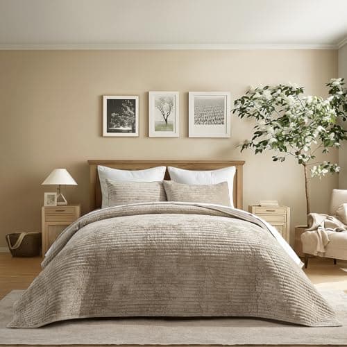 EVERGRACE Velvet Quilt Set King Size, Luxurious Soft Striped Channel Bedding Set, Lightweight Velvet Comforter for All Season, Oversized Bedspread Coverlet with 2 Matching Shams, Beige Taupe - Image 1