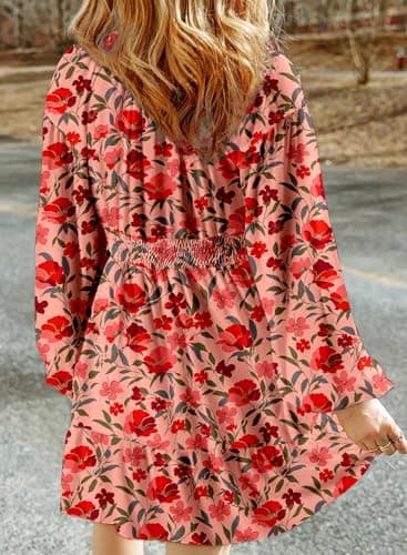 Dokotoo Women's Casual Dresses Long Sleeve V Neck Smocked Boho Floral Fall Dresses for Women 2025 Country Concert Ladies Elegant Beach Vacation Clothes Mini Dress Sundresses Plus Size Pink Large - Image 2