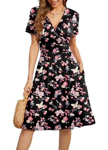 WEACZZY Summer Dresses for Women 2025 Empire Waist Floral Spring Knee Length Dress,Butterfly Black,XXL - Image 1