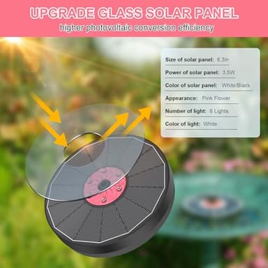 Yzert Solar Fountain Bird Bath Fountains with White Light and Pink Flower,Solar Powered Water Fountain with 7 Nozzle and 4 Fixer,Solar Fountain Pump for Bird Bath,Garden,Pond,Outdoor(Black Panel) - Image 2