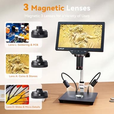 Elikliv 4K 3-Lens Digital Microscope: TL301-Magnetic Coin Microscope Magnifier Full Coin View, Soldering Microscopes for Adults with 7" IPS Screen, Side Lights, 10" Stand, PC/TV Compatible, 64GB - Image 3