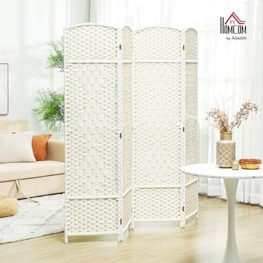 HOMCOM 4 Panel Room Divider, 6' Tall Folding Privacy Screen, Hand-Woven Freestanding Wall Partition for Home Office, Bedroom, White - Image 2