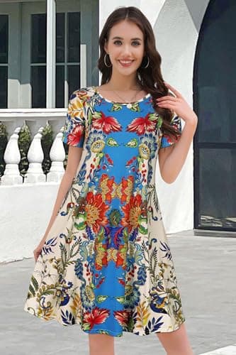 Sundresses for Women Summer Beach T Shirt Short Sleeve Floral Casual Loose Dresses(Red Blue Flower, XL) - Image 3