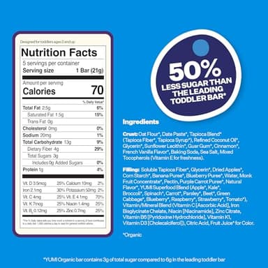 Yumi Organic Toddler Snacks Bars - Gluten-Free, No Added Sugar, 7+ Vegetables, Soft-Baked Crust, Yumi Bars Healthy Toddler Organic Snacks - School Safe and for Lunch Boxes, Blueberry & Purple Carrot (30ct.) - Image 4