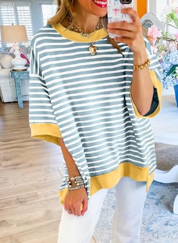 SHEWIN Womens Summer Tops Casual Crewneck Short Sleeve Shirts Oversized Sweatshirt Lightweight Knit Tunic Top Loose T Shirts for Women 2025 Spring Clothes Dusk Blue Stripe M - Image 2