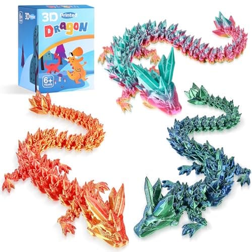 3pcs 12in 3D Printed Crystal Dragon,3D Printed Flexible Articulated Dragon,Home Office Decor Executive Desk Toys, Fidget Toys for Autism/ADHD (Rainbow Red Gold Green) - Image 1