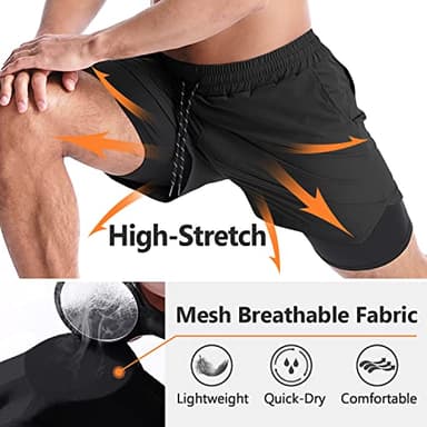 Aolesy Men’s 2 in 1 Running Shorts 5 Inch Workout Gym Athletic Shorts for Men Quick Dry Lightweight Training Shorts with Pockets Black - Image 3