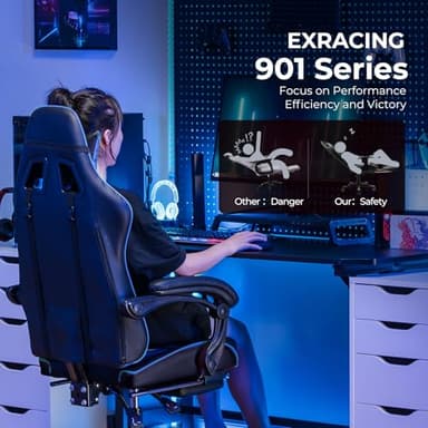 EXRACING Gaming Chair Ergonomic Computer Chair with Footrest and Lumbar Support, Height Adjustable High Back Leather Office Chair, 360° Swivel with Linked Armrest, for Adult and Teen (Blue) - Image 7