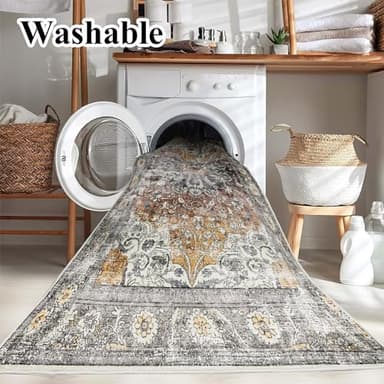 CHAMPLANT Area Rug 8x10 Washable Rug Taupe Vintage Traditional Mat Distressed Indoor Foldable Thin Retro Accent Rug Floral Print Non Slip Carpet Living Room Dining Room Office - Image 3