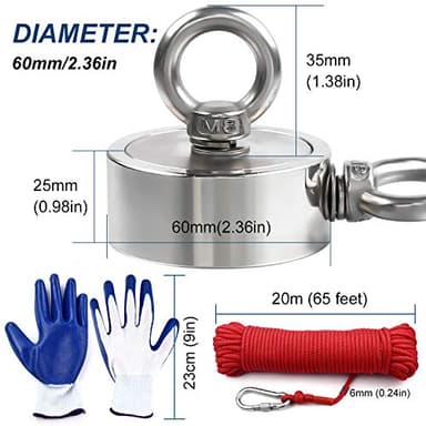DIYMAG Strong Double Side Neodymium Fishing Magnets,750 lbs(340KG) Pulling Force Rare Earth Magnet with 20m (65 Foot) Durable Rope and Protective Gloves,for Retrieving in River and Magnetic Fish - Image 2