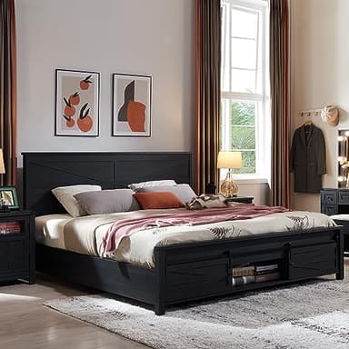 JXQTLINGMU Farmhouse Wood Bed Frame King Size with Sliding Barn Door Storage Cabinets and Headboard, Solid Wood Slats Support, Noiseless, No Box Spring Needed, Black - Image 3