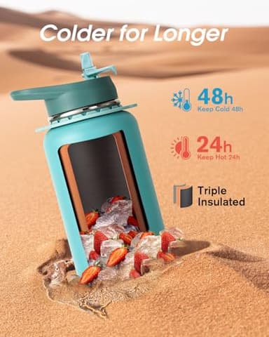 Coolflask Water Bottle 40 oz with Strap, Insulated Metal Water Flask with Straw & Spout Lids, Stainless Steel Double Wall Vacuum, Keep Cold 48h Hot 24h, Leak Proof & Non-BPA, Agate Green - Image 2