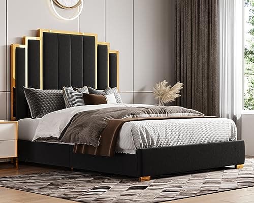 HOWE Queen Size Bed Frame and 61" Headboard, Upholstered Bed with Golden Plating Trim, Modern Platform Bed No Box Spring Needed, Black - Image 1