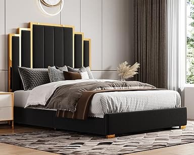 HOWE Queen Size Bed Frame and 61" Headboard, Upholstered Bed with Golden Plating Trim, Modern Platform Bed No Box Spring Needed, Black - Image 1
