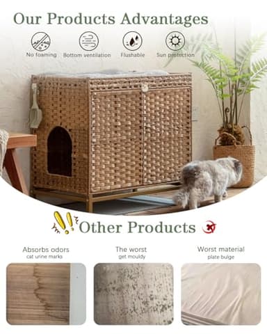SETVSON Cat Litter Box Enclosure Furniture, Hidden Handwoven Rattan Litter Box with Mat, Large Cat House with Metal Heightened Feet, 30.3 x 18.3 x 28 Inches, Indoor for Living Room, Bedroom Natural - Image 3
