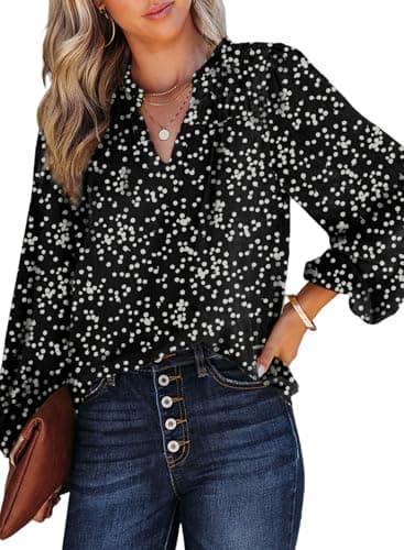 Dokotoo Womens Juniors Summer Tops 2025 Fashion Trendy Casual Dressy Fall Outfits Smocked Long Sleeve T Shirts Alicia Flower Print V Neck Business Work Tunic Bohemian Floral Top Medium Black - Image 1