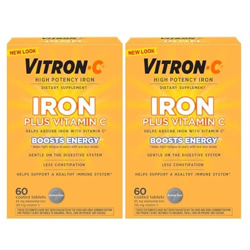 Vitron-C Iron Supplement, Once Daily, High Potency Iron Plus Vitamin C, Support Red Blood Cell Production, Dye Free Tablets, 60 Count, 2 Pack - Image 1