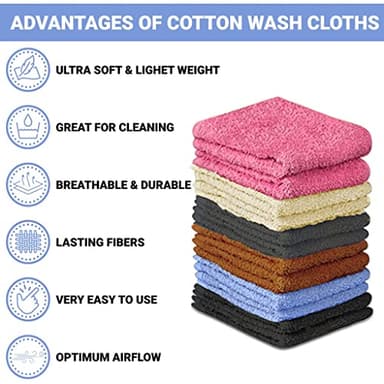 QUBA LINEN 100% Cotton Washcloth Set – Soft, Absorbent Face Towels for Bathroom & Gym Use – Reusable, Durable & Machine Washable Wash Cloths - Multi-Color, 12x12 Inches, Pack of 24 - Image 2