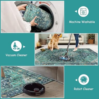 Moynesa Ultra-Thin Washable Round Rug - 4ft Oriental Circle Area Rugs for Bedroom Entryway, Teal Vintage Non Slip Non Shedding Low Pile Carpet for Living Room Coffee Table Kitchen - Image 4