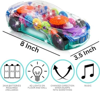 ArtCreativity Light Up Transparent Sensory Car Toy for Kids, 1PC, Bump and Go Toy Car with Colorful Moving Gears, Music, and LED Effects, Easter Toys for Toddlers, Great Birthday Gift Idea - Image 5