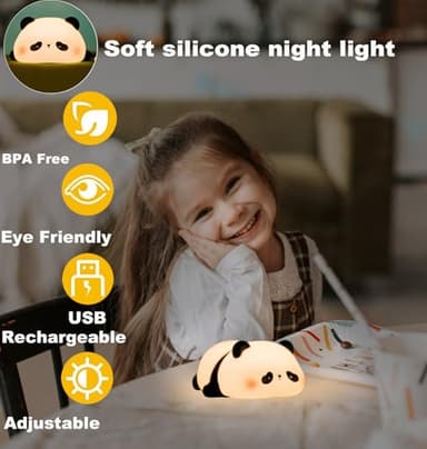 HAPPYBAG Panda Gifts, Cute Rechargeable Panda Lamp for Kids Room, Silicone Touch Night Light for Baby Nursery, Dimmable Lamp for Bedrooms - Image 3