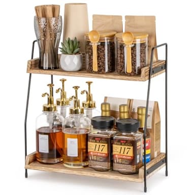 ANBOXIT Countertop Coffee Station Organizer, 2 Tier Wooden Shelf for Coffee Bar Accessories, Condiment Storage Caddy for Kitchen, Home, Office - Brown - Image 1