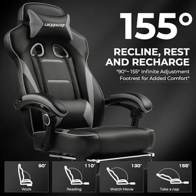 GTPLAYER Gaming Chair with Footrest, Big and Tall Game Chair 350lb Racing Style Computer Chair, Ergonomic Executive Office Chair High Back with Lumbar Support and Recliner, Light Gray - Image 5